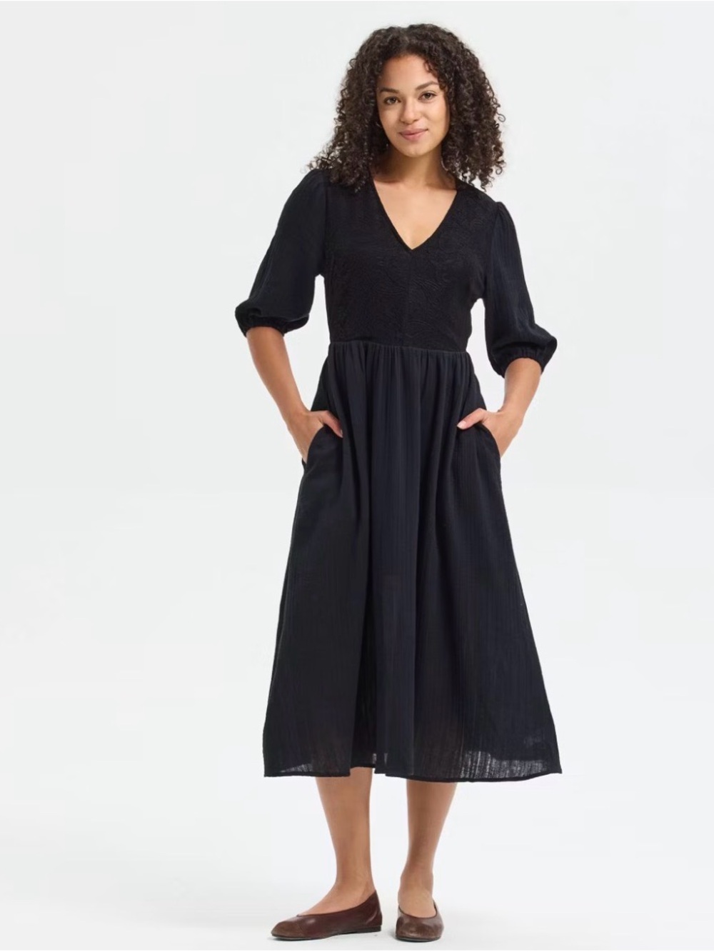 Universal Thread Women's Puff Elbow Sleeve Embroidered Midi Dress Black M NWT